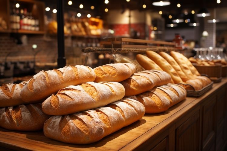 Baguettes dorées sur un comptoir en bois